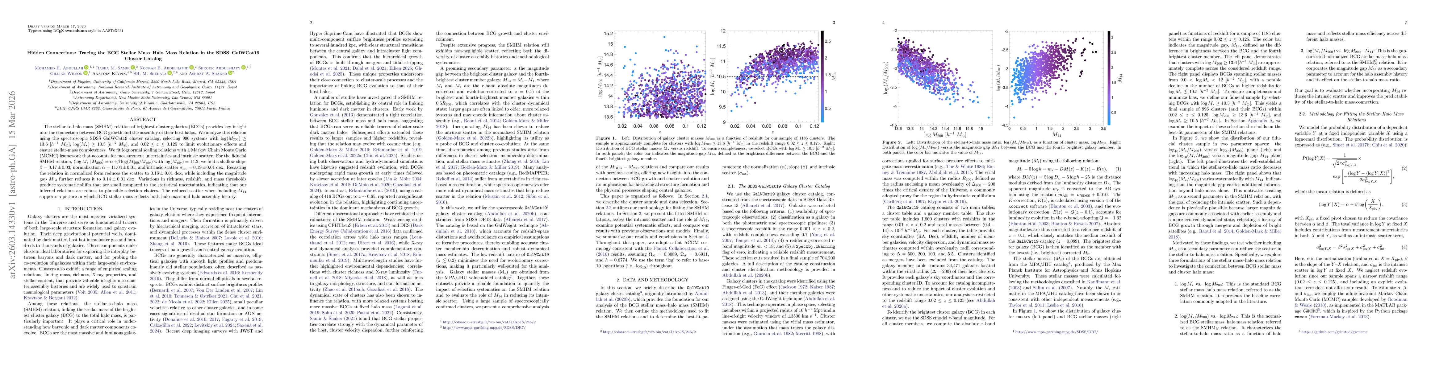 Thumbnail for Hidden Connections: Tracing the BCG Stellar Mass-Halo Mass Relation in the SDSS-GalWCat19 Cluster Catalog