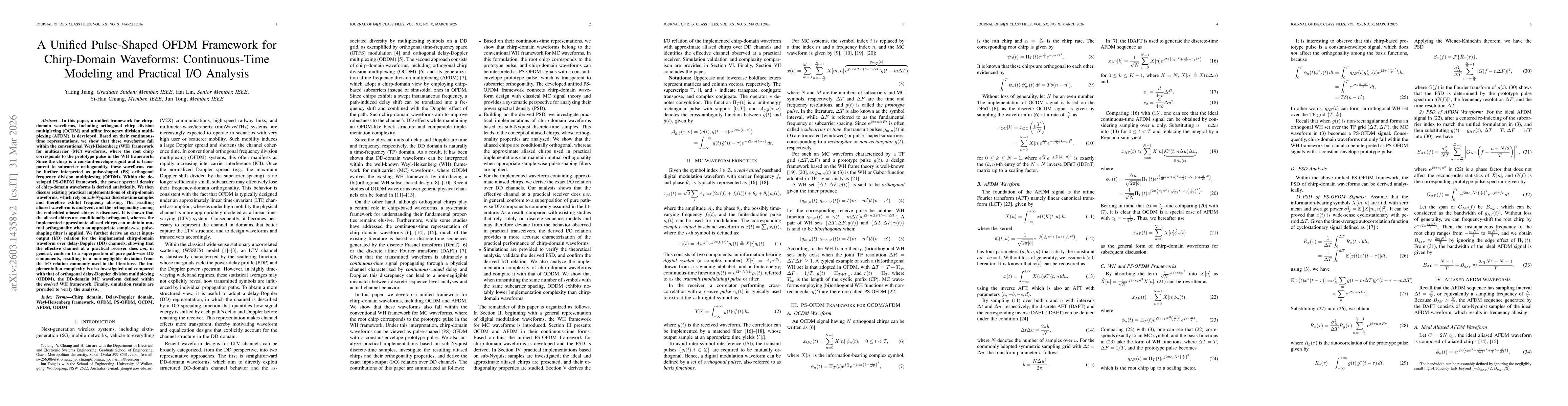 Thumbnail for A Unified Pulse-Shaped OFDM Framework for Chirp-Domain Waveforms: Continuous-Time Modeling and Practical I/O Analysis