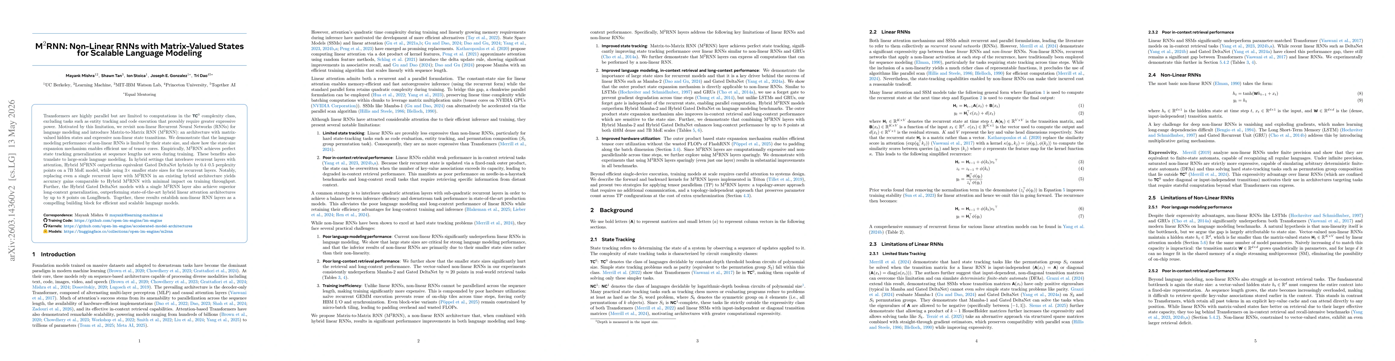 Thumbnail for M$^2$RNN: Non-Linear RNNs with Matrix-Valued States for Scalable Language Modeling