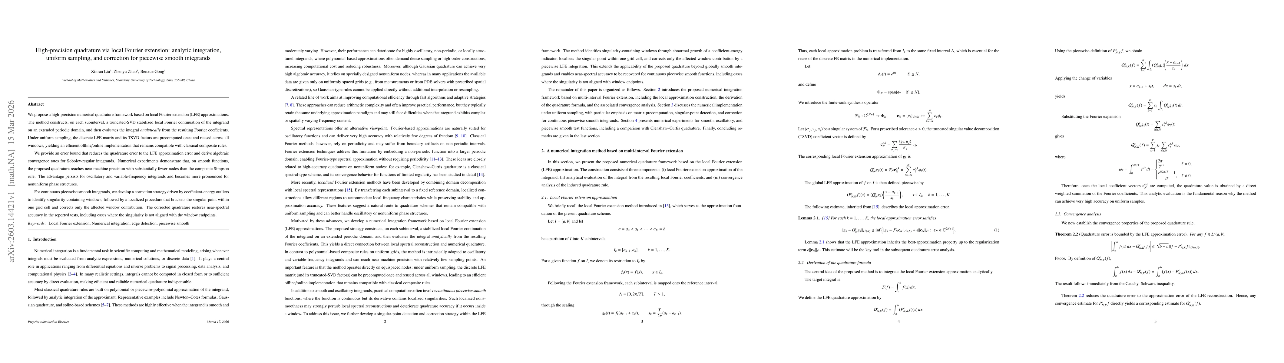 Thumbnail for High-precision quadrature via local Fourier extension: analytic integration, uniform sampling, and correction for piecewise smooth integrands