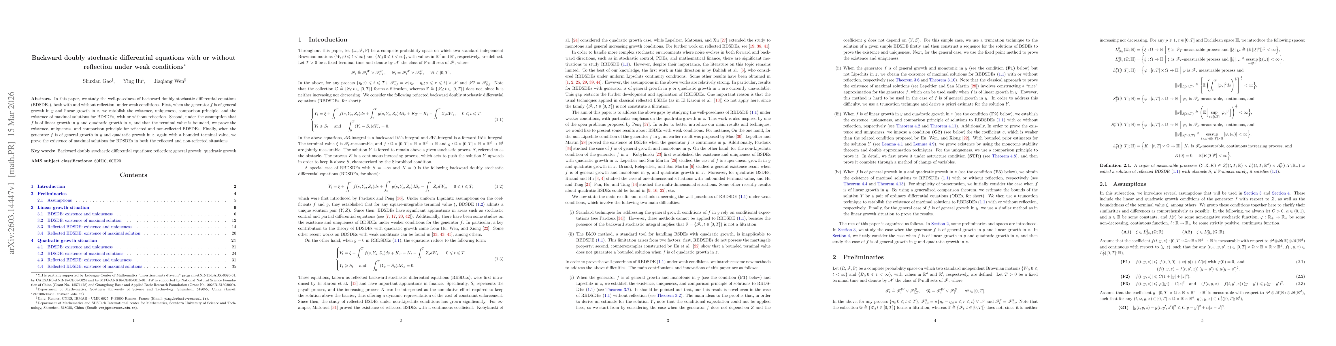 Thumbnail for Backward doubly stochastic differential equations with or without reflection under weak conditions