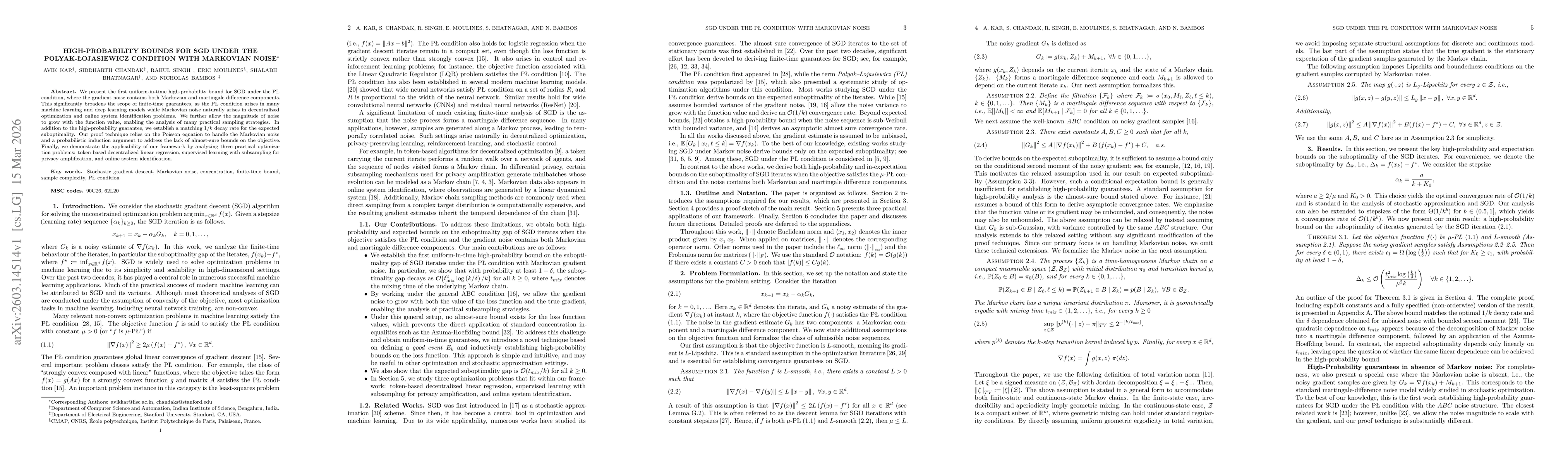 Thumbnail for High-Probability Bounds for SGD under the Polyak-Lojasiewicz Condition with Markovian Noise