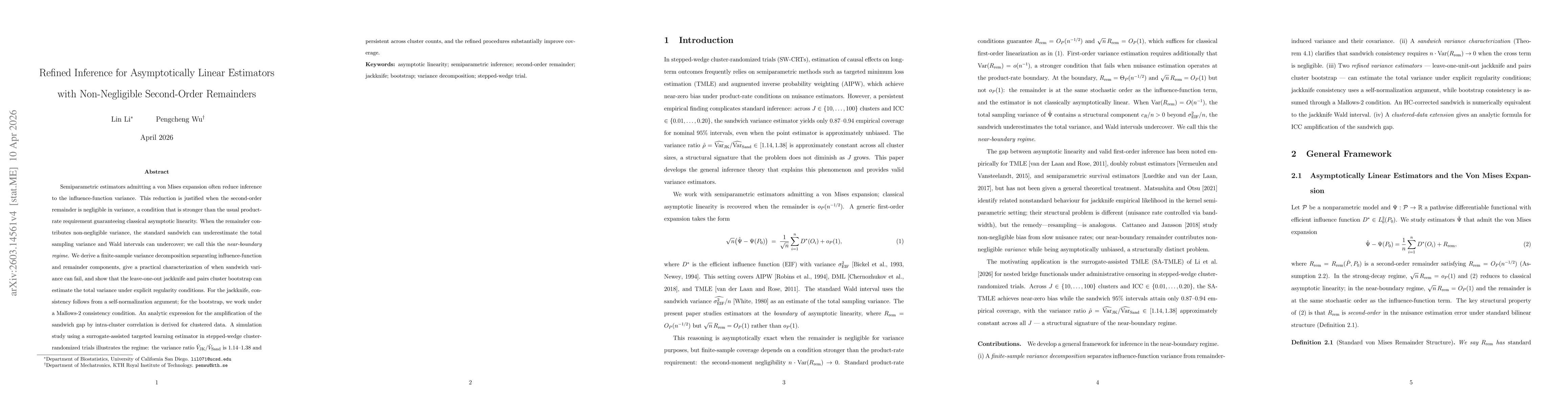 Thumbnail for Refined Inference for Asymptotically Linear Estimators with Non-Negligible Second-Order Remainders