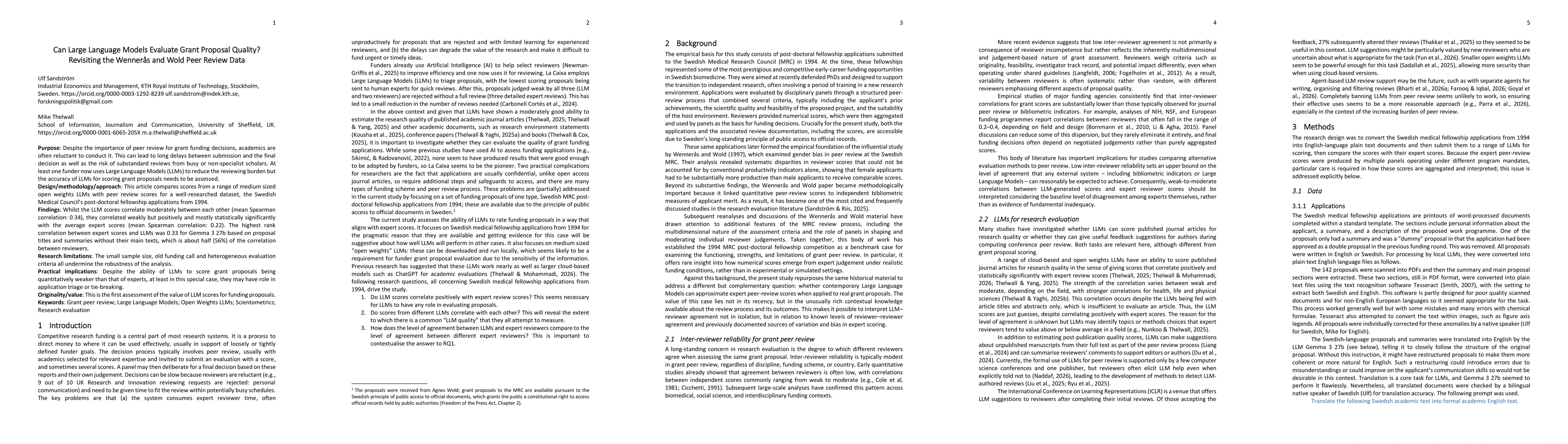 Thumbnail for Can Large Language Models Evaluate Grant Proposal Quality? Revisiting the Wennerås and Wold Peer Review Data