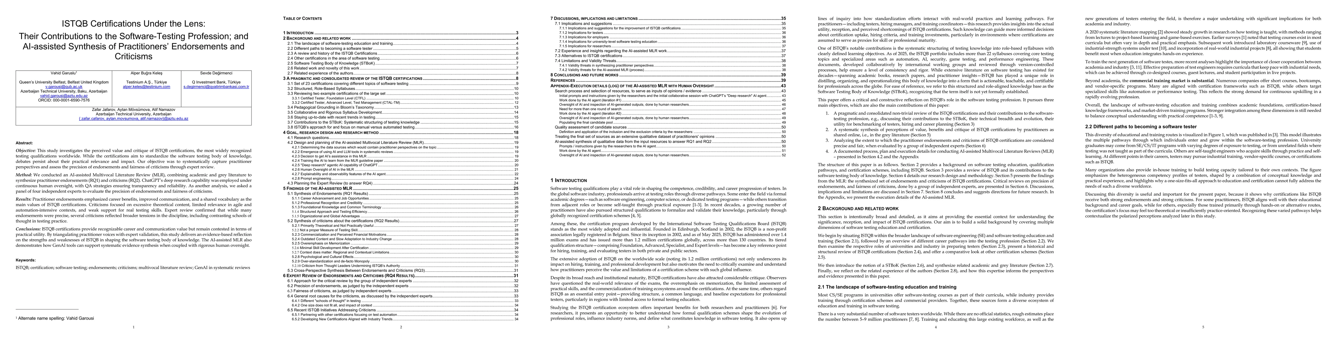 Thumbnail for ISTQB Certifications Under the Lens: Their Contributions to the Software-Testing Profession; and AI-assisted Synthesis of Practitioners' Endorsements and Criticisms