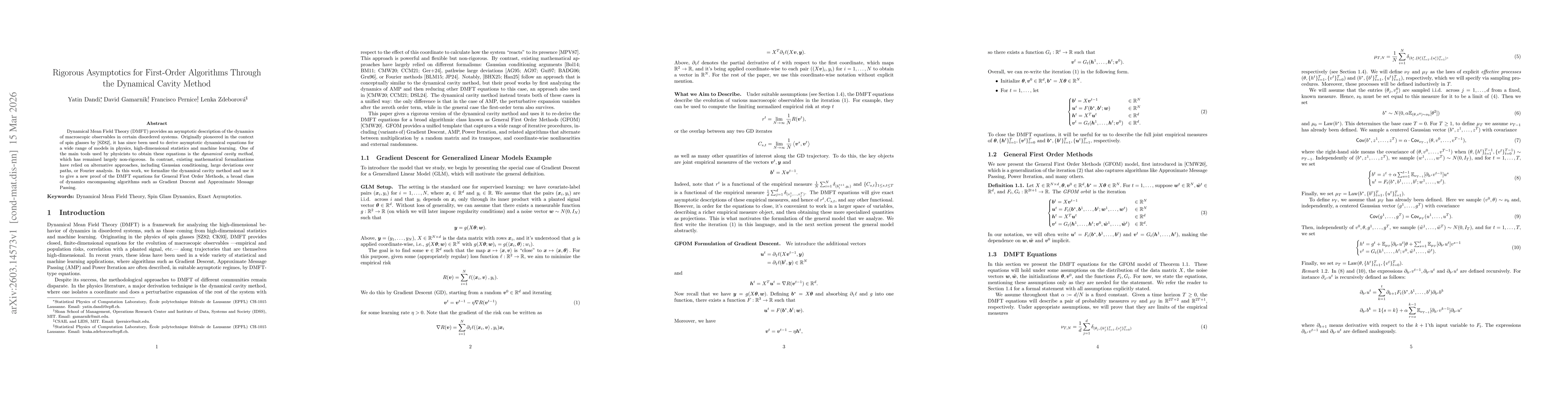 Thumbnail for Rigorous Asymptotics for First-Order Algorithms Through the Dynamical Cavity Method
