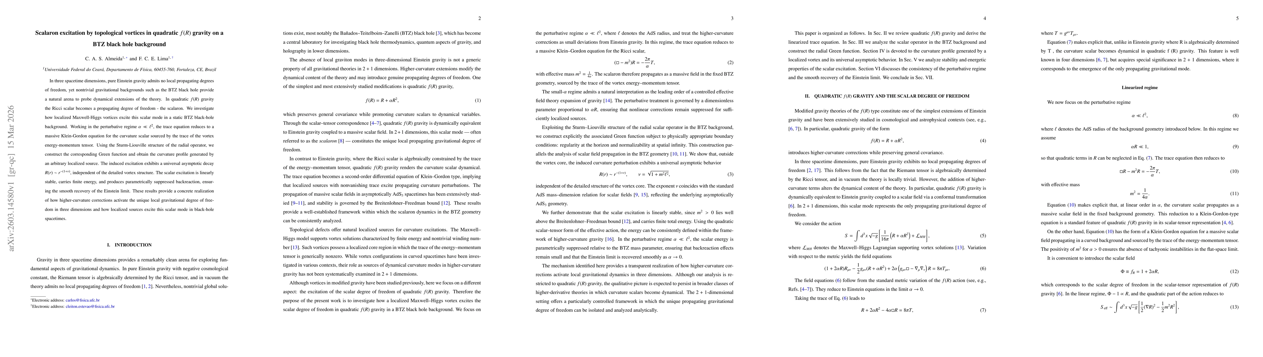 Thumbnail for Scalaron excitation by topological vortices in quadratic $f(R)$ gravity on a BTZ black hole background