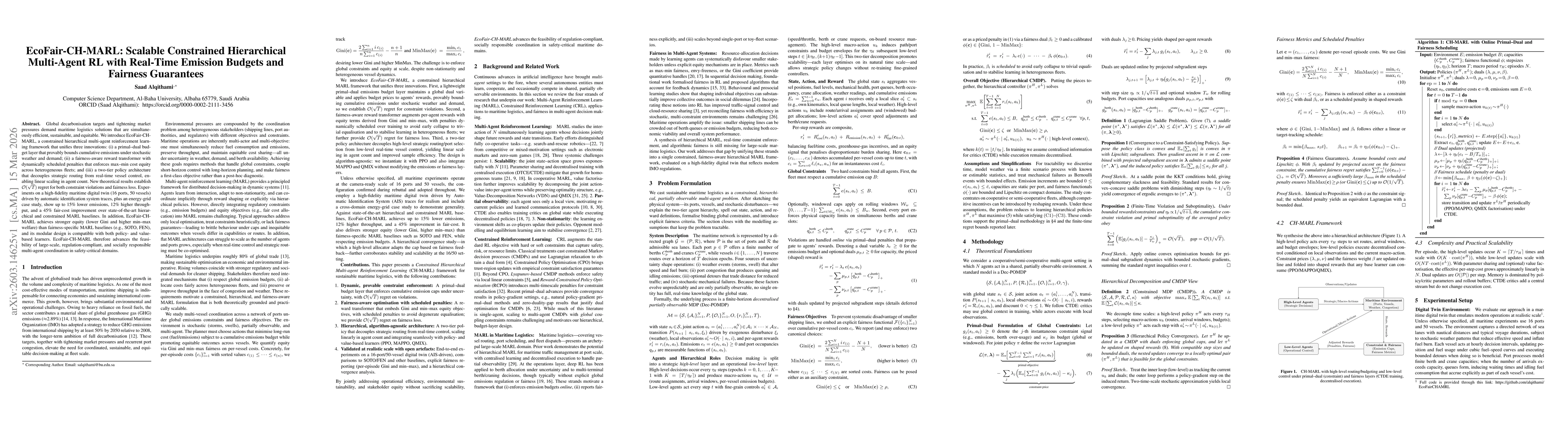 Thumbnail for EcoFair-CH-MARL: Scalable Constrained Hierarchical Multi-Agent RL with Real-Time Emission Budgets and Fairness Guarantees