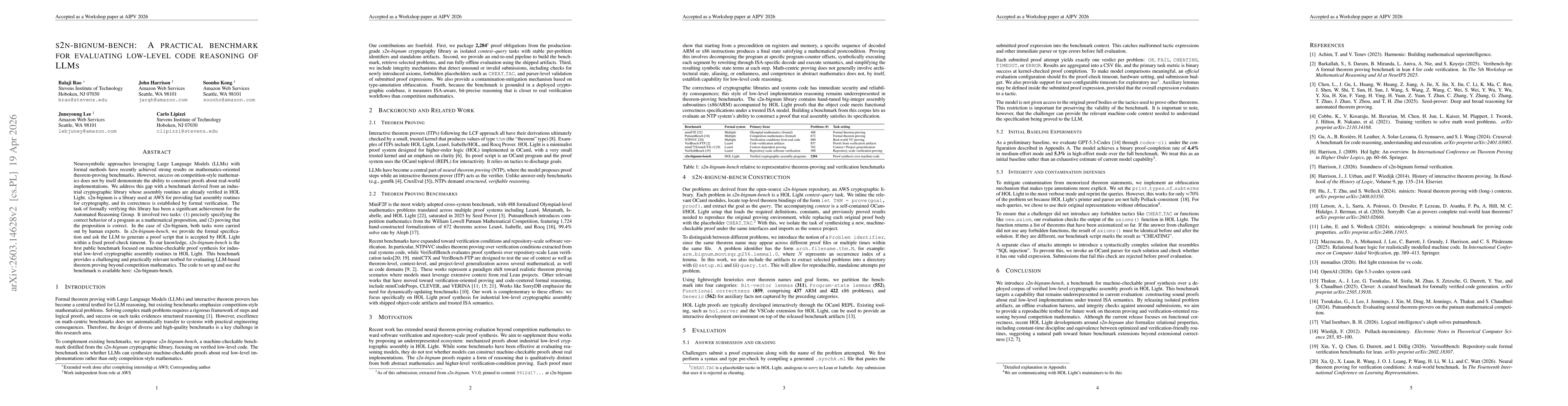 Thumbnail for s2n-bignum-bench: A practical benchmark for evaluating low-level code reasoning of LLMs