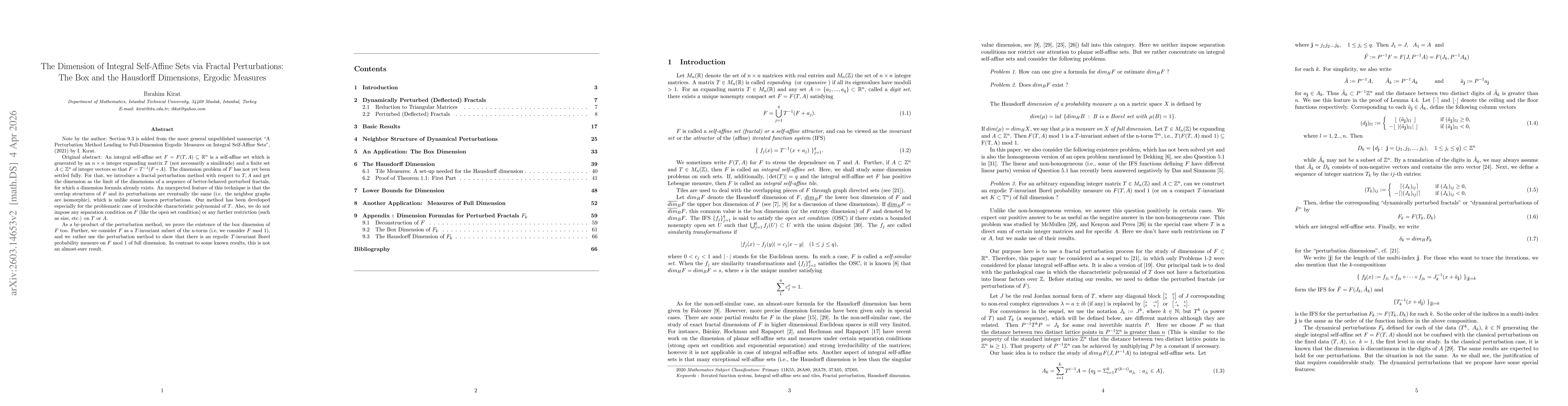 Thumbnail for The Dimension of Integral Self-Affine Sets via Fractal Perturbations: The Box and the Hausdorff Dimensions, Ergodic Measures