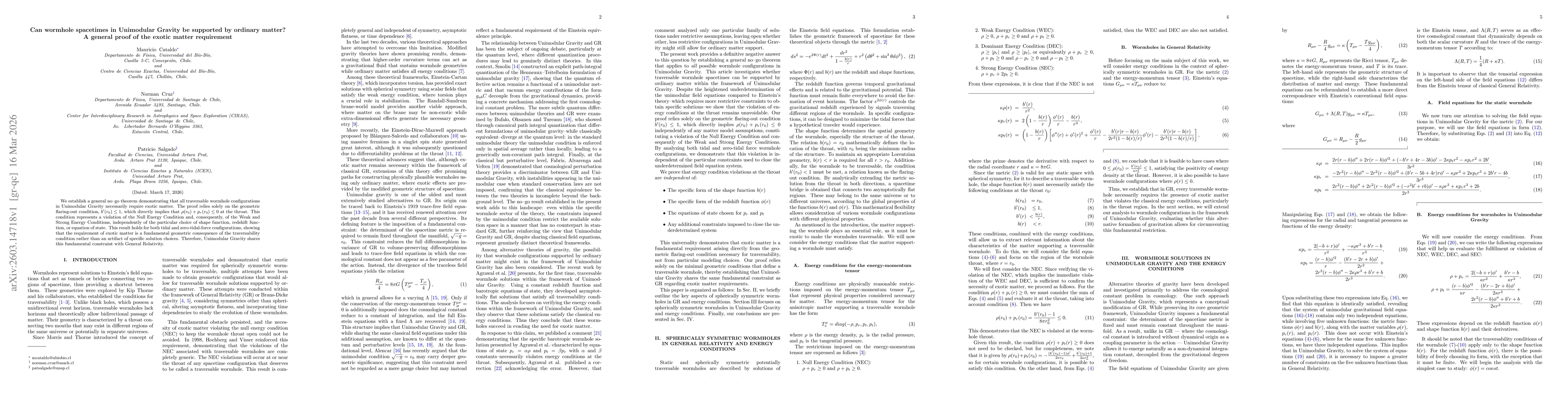 Thumbnail for Can wormhole spacetimes in Unimodular Gravity be supported by ordinary matter? A general proof of the exotic matter requirement