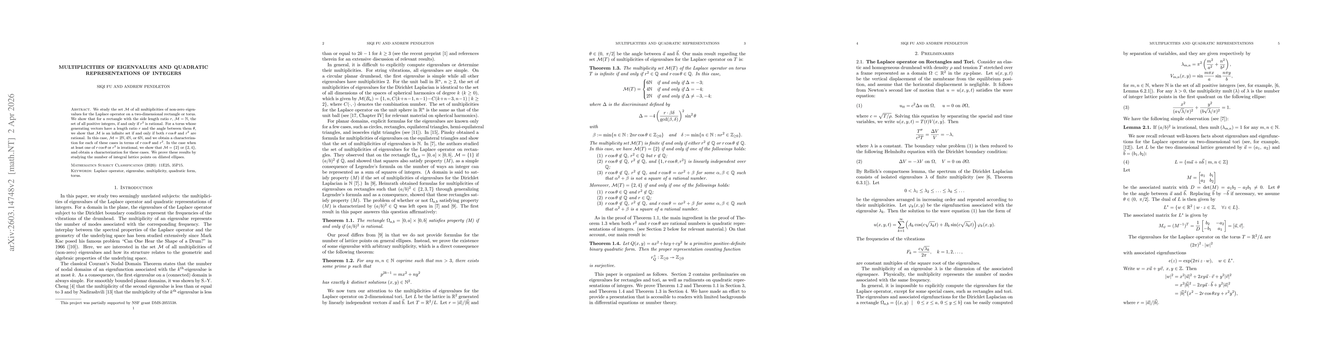 Thumbnail for Multiplicities of eigenvalues and quadratic representations of integers