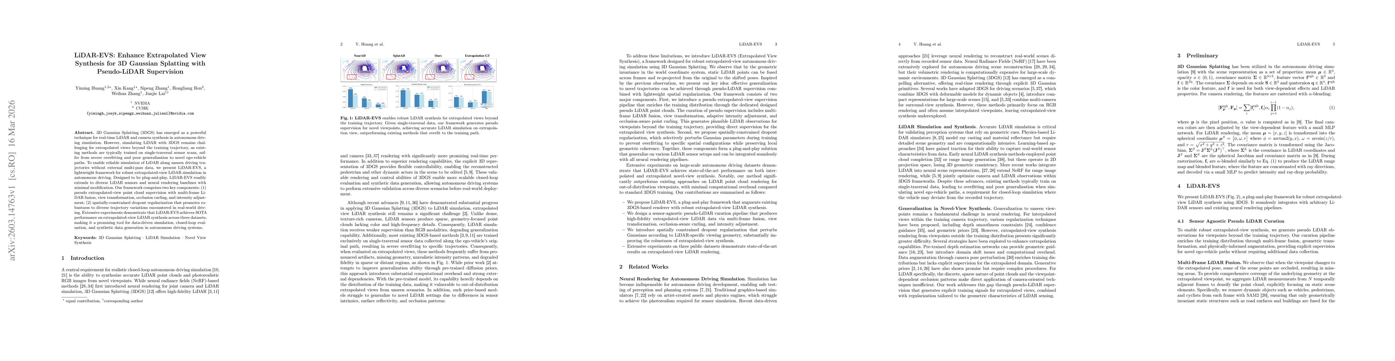 Thumbnail for LiDAR-EVS: Enhance Extrapolated View Synthesis for 3D Gaussian Splatting with Pseudo-LiDAR Supervision