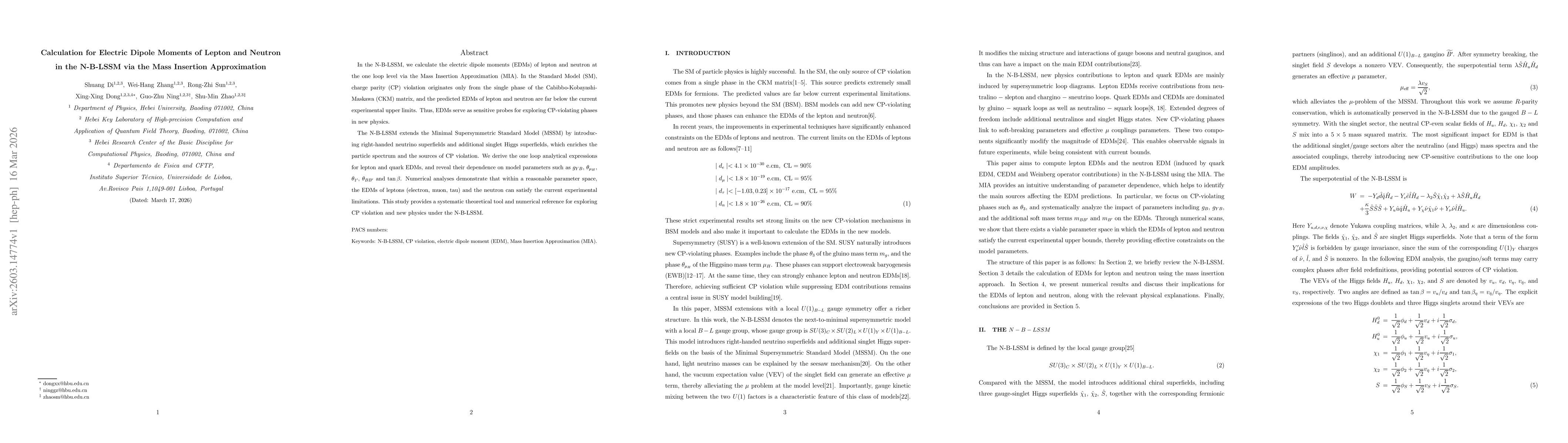Thumbnail for Calculation for Electric Dipole Moments of Lepton and Neutron in the N-B-LSSM via the Mass Insertion Approximation