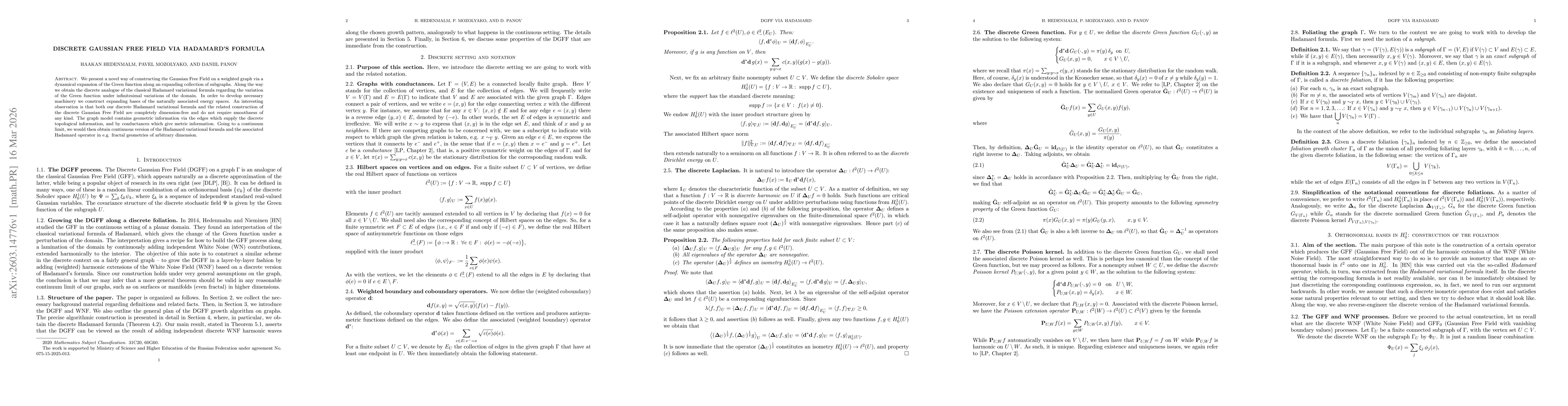 Thumbnail for Discrete Gaussian Free Field via Hadamard's formula