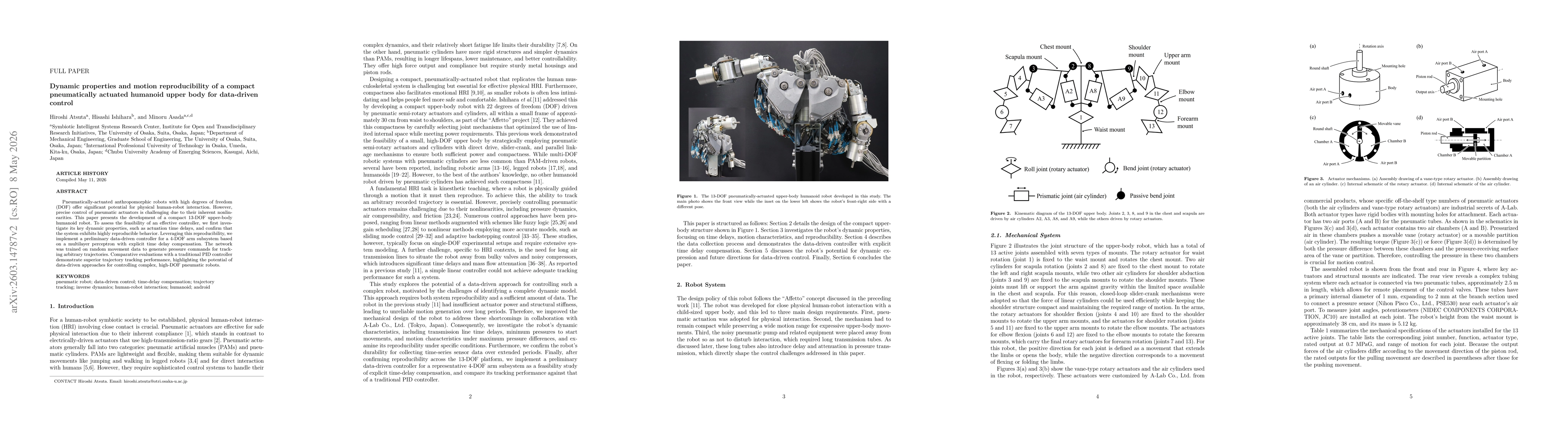 Thumbnail for Exploring the dynamic properties and motion reproducibility of a small upper-body humanoid robot with 13-DOF pneumatic actuation for data-driven control