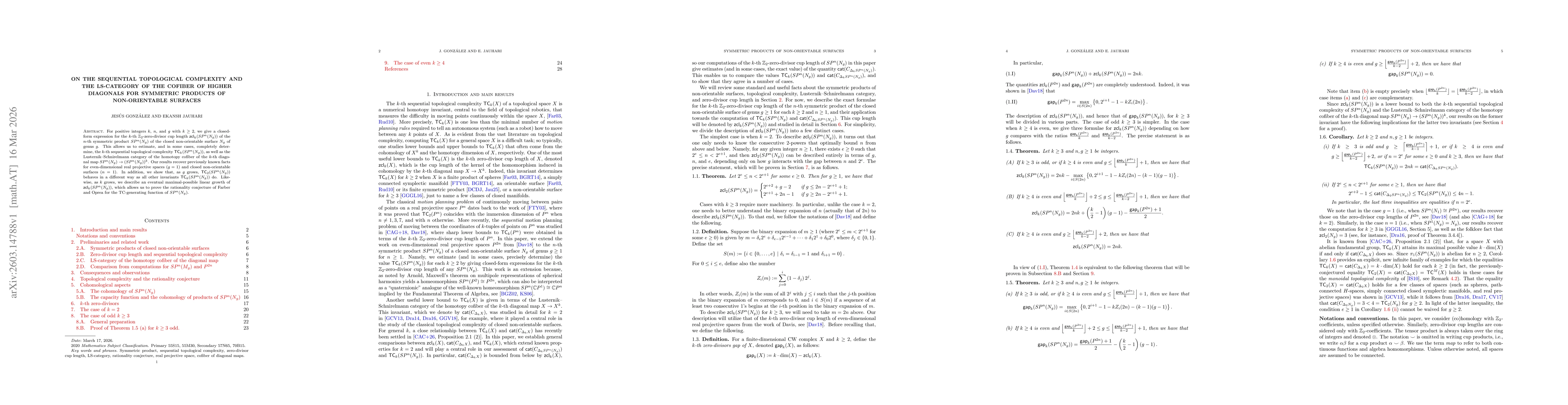 Thumbnail for On the sequential topological complexity and the LS-category of the cofiber of higher diagonals for symmetric products of non-orientable surfaces