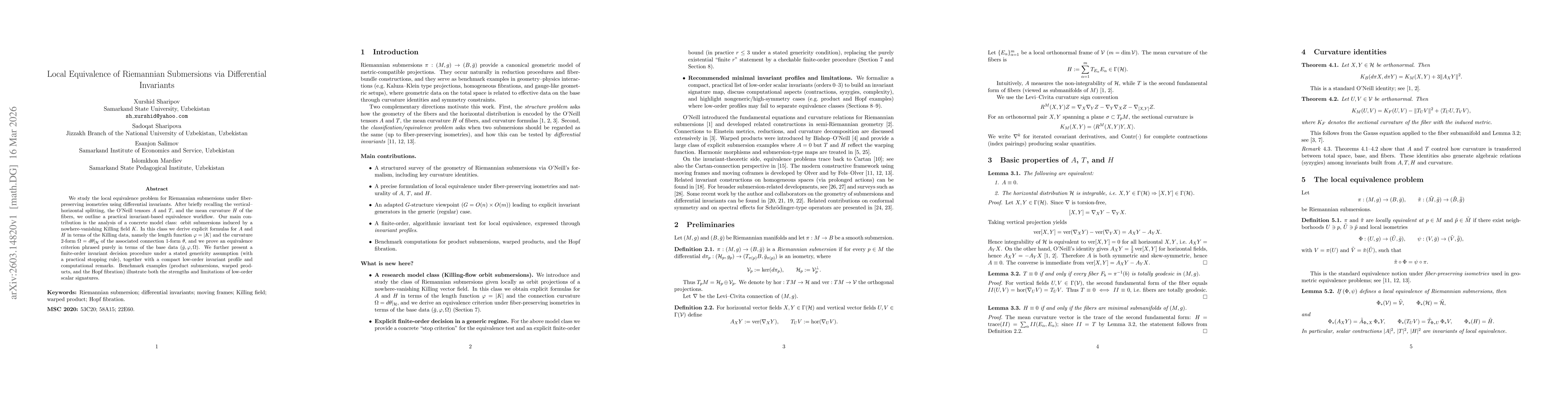 Thumbnail for Local Equivalence of Riemannian Submersions via Differential Invariants