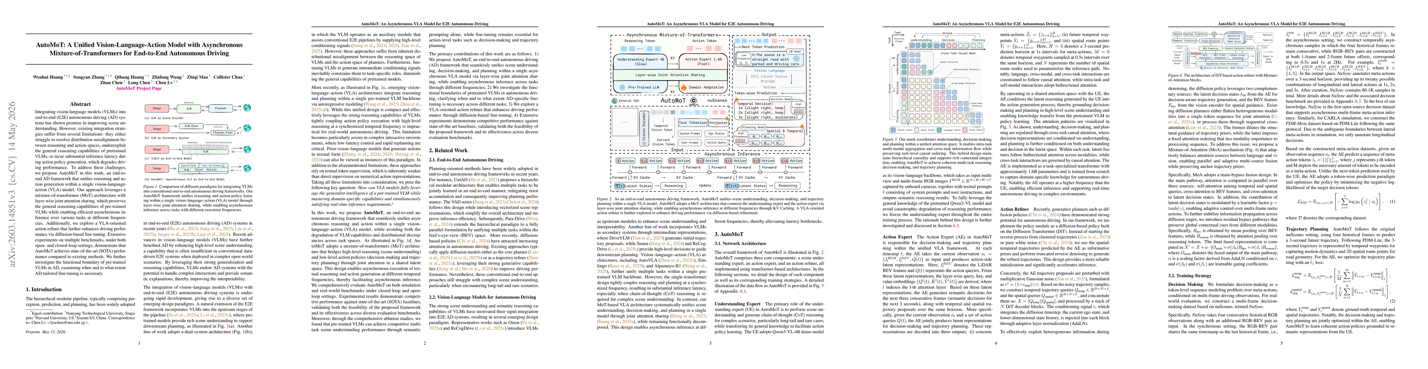 Thumbnail for AutoMoT: A Unified Vision-Language-Action Model with Asynchronous Mixture-of-Transformers for End-to-End Autonomous Driving