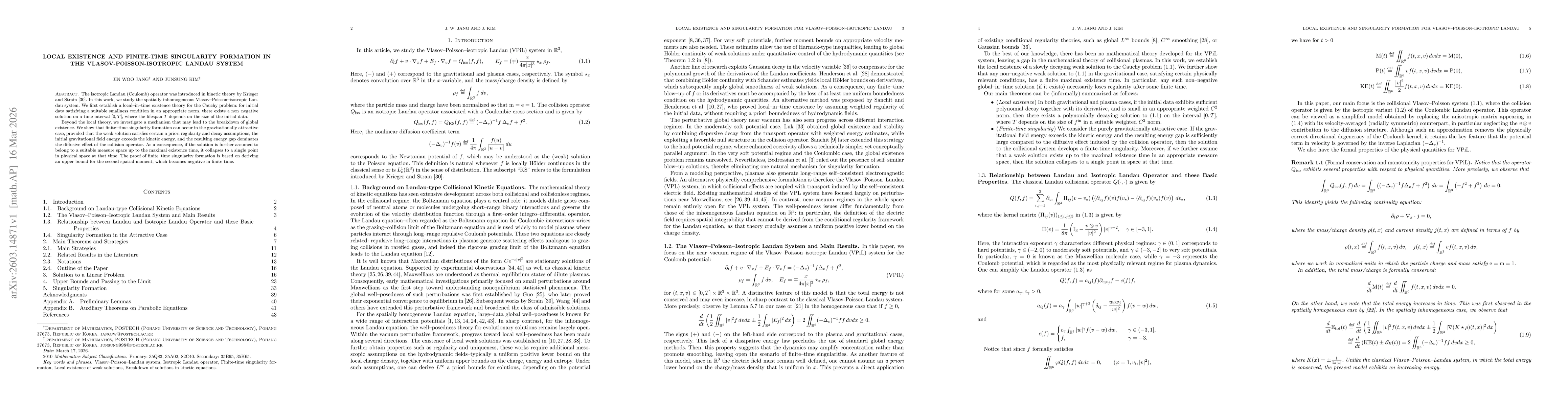 Thumbnail for Local Existence and Finite-Time Singularity Formation in the Vlasov-Poisson-Isotropic Landau System