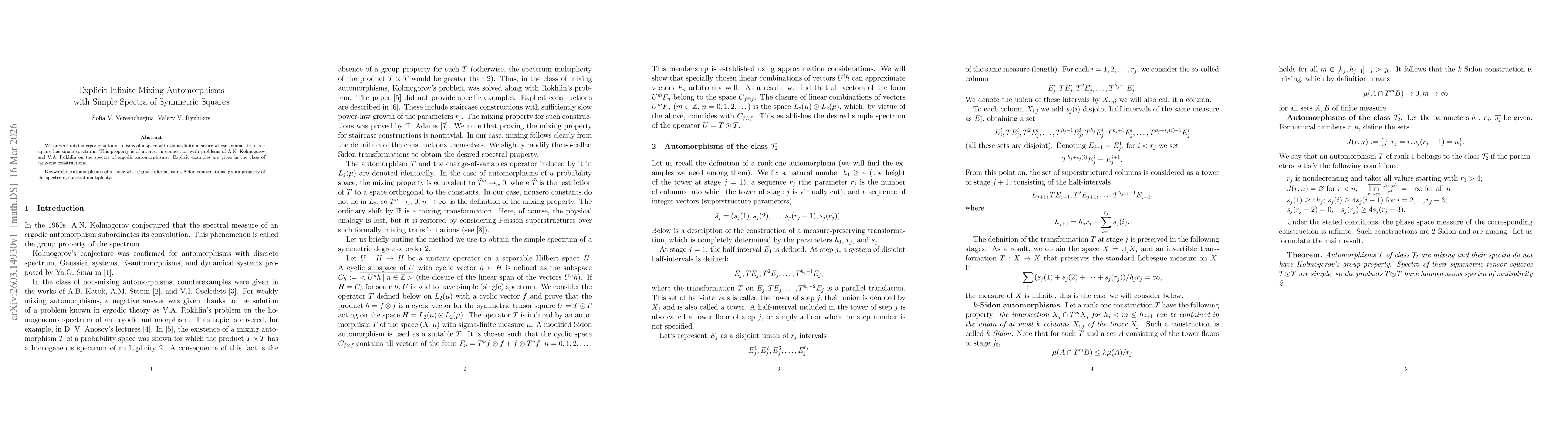 Thumbnail for Explicit Infinite Mixing Automorphisms with Simple Spectra of Symmetric Squares