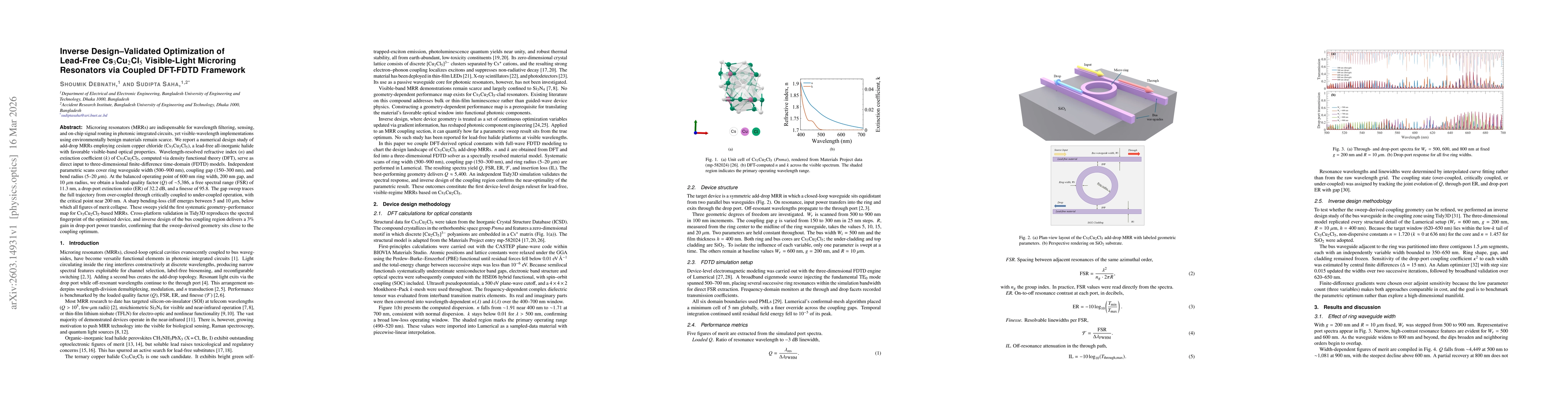 Thumbnail for Inverse Design Validated Optimization of Lead-Free Cs$_3$Cu$_2$Cl$_5$ Visible-Light Microring Resonators Using a Coupled DFT-FDTD Framework