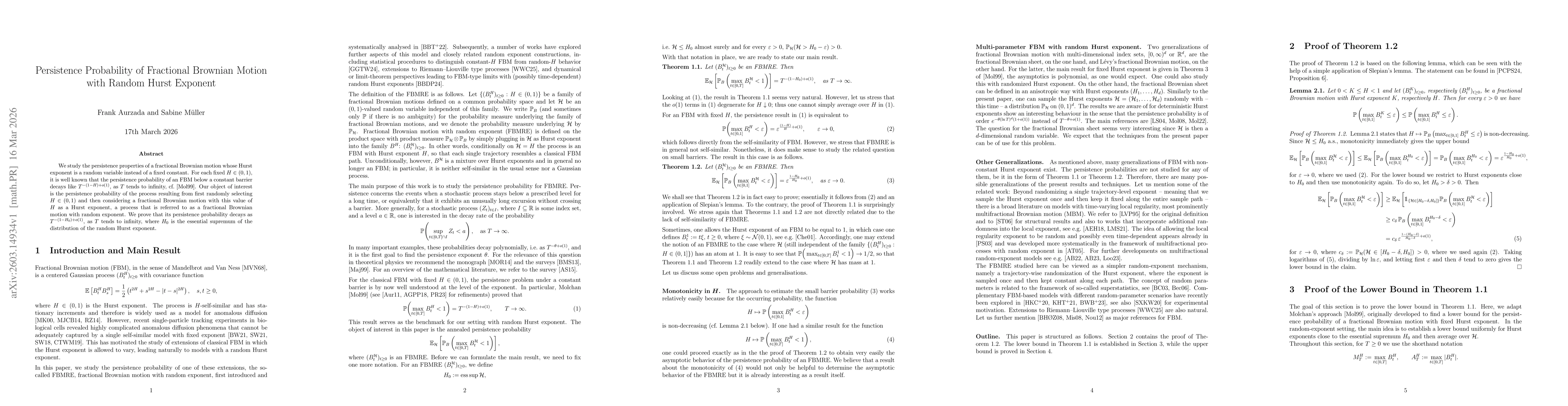 Thumbnail for Persistence Probability of Fractional Brownian Motion with Random Hurst Exponent