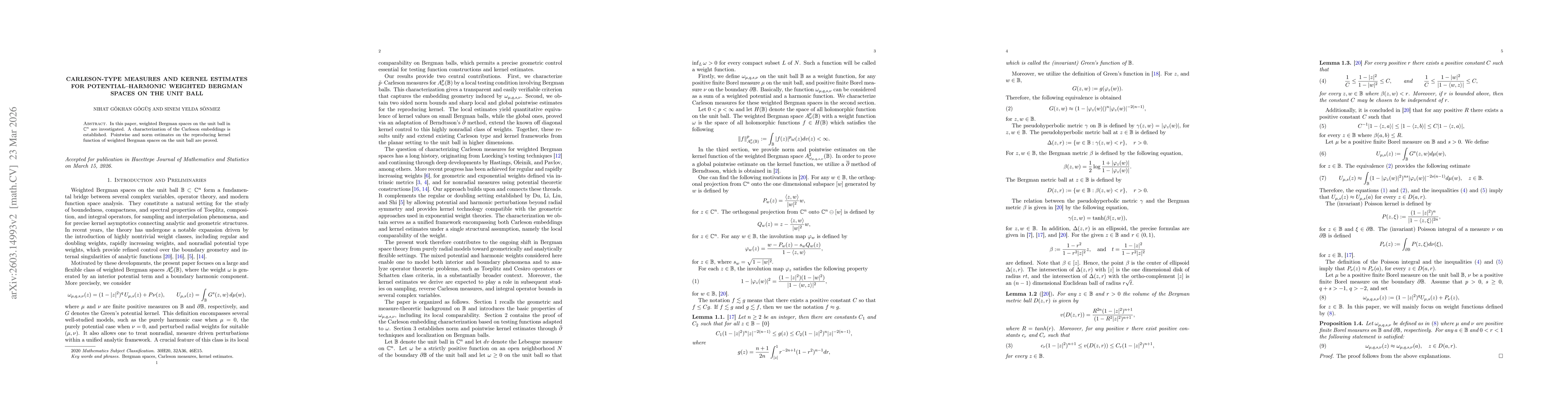 Thumbnail for Carleson-Type Measures and Kernel Estimates for Potential-Harmonic Weighted Bergman Spaces on the Unit Ball