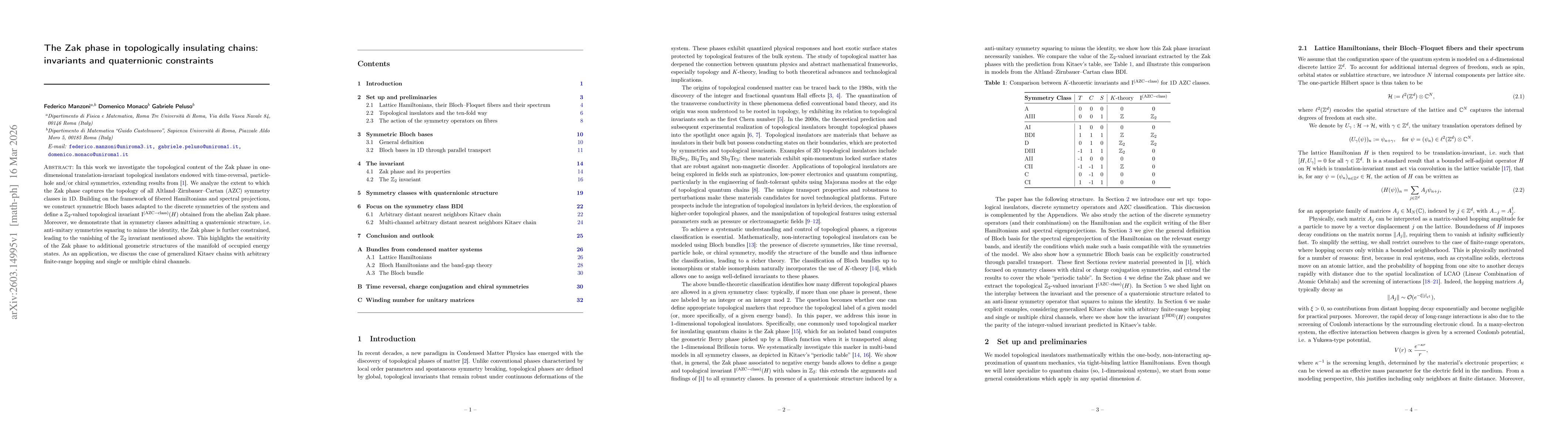 Thumbnail for The Zak phase in topologically insulating chains: invariants and quaternionic constraints