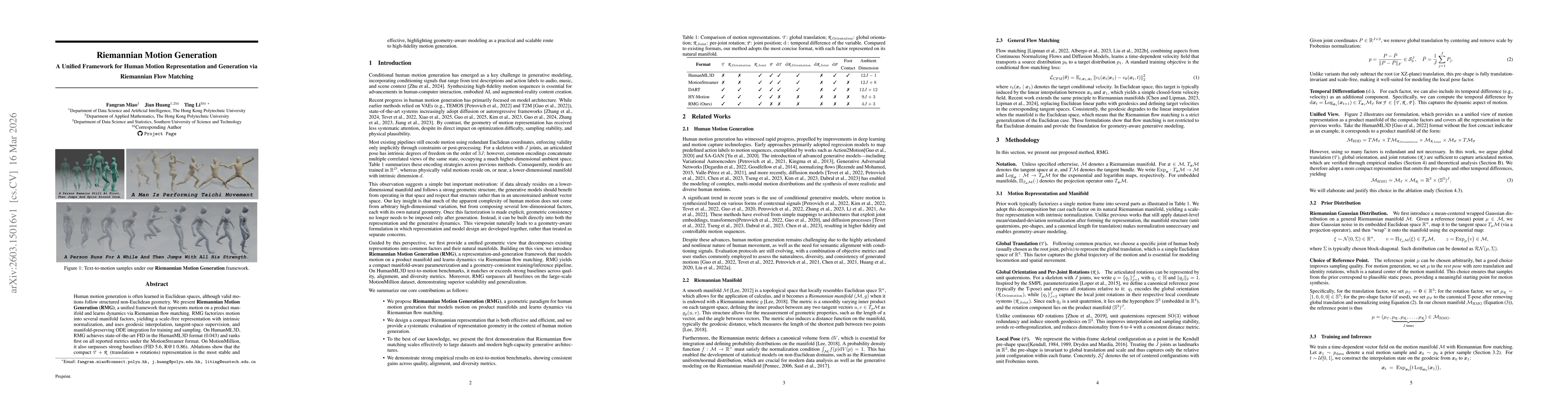 Thumbnail for Riemannian Motion Generation: A Unified Framework for Human Motion Representation and Generation via Riemannian Flow Matching