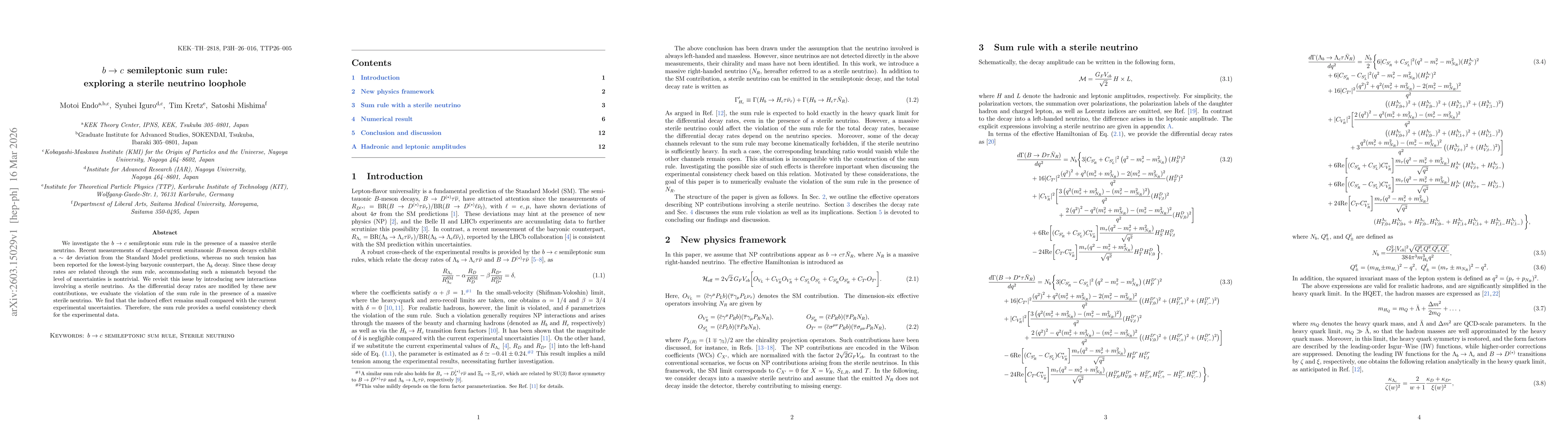 Thumbnail for $b \to c$ semileptonic sum rule: exploring a sterile neutrino loophole