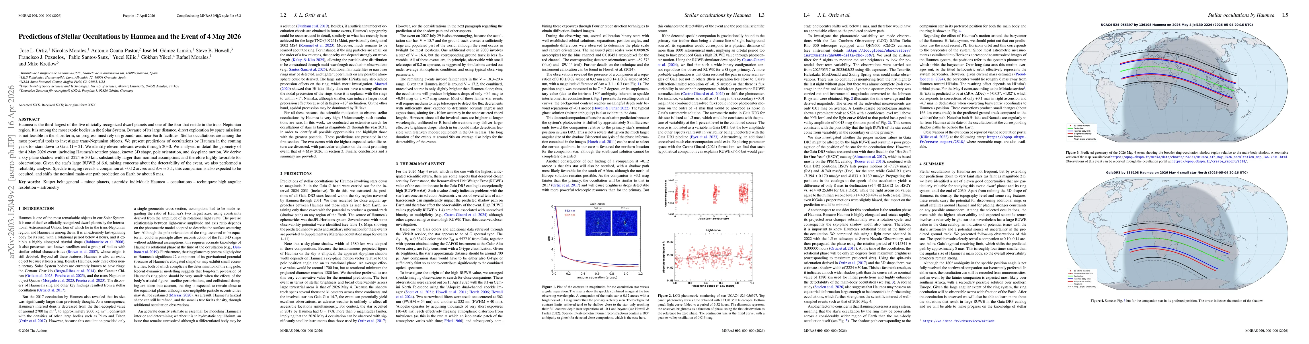 Thumbnail for Predictions of Stellar Occultations by Haumea and the Event of 4 May 2026