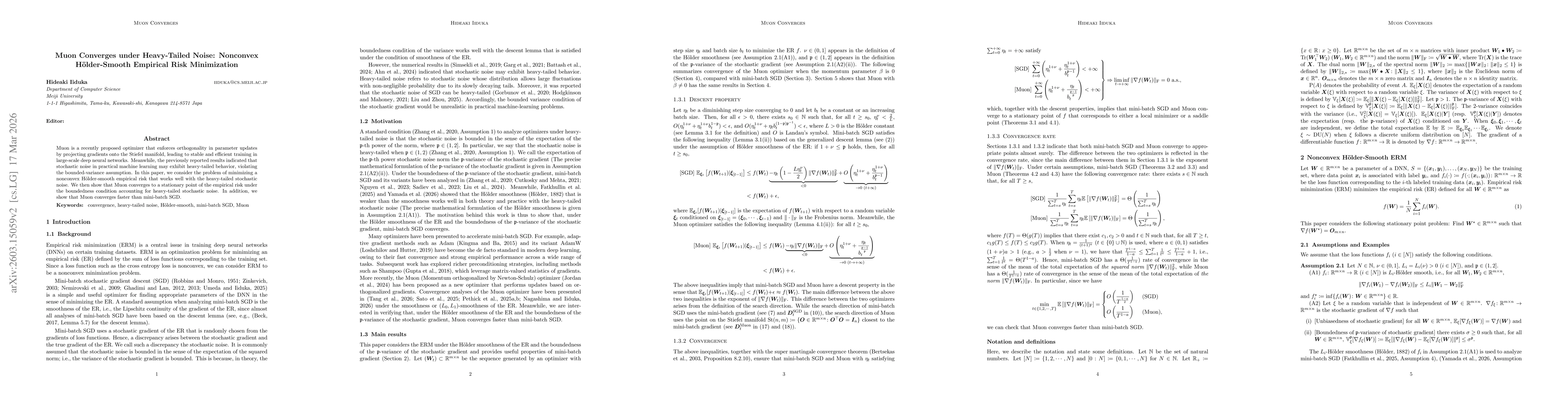 Thumbnail for Muon Converges under Heavy-Tailed Noise: Nonconvex Hölder-Smooth Empirical Risk Minimization