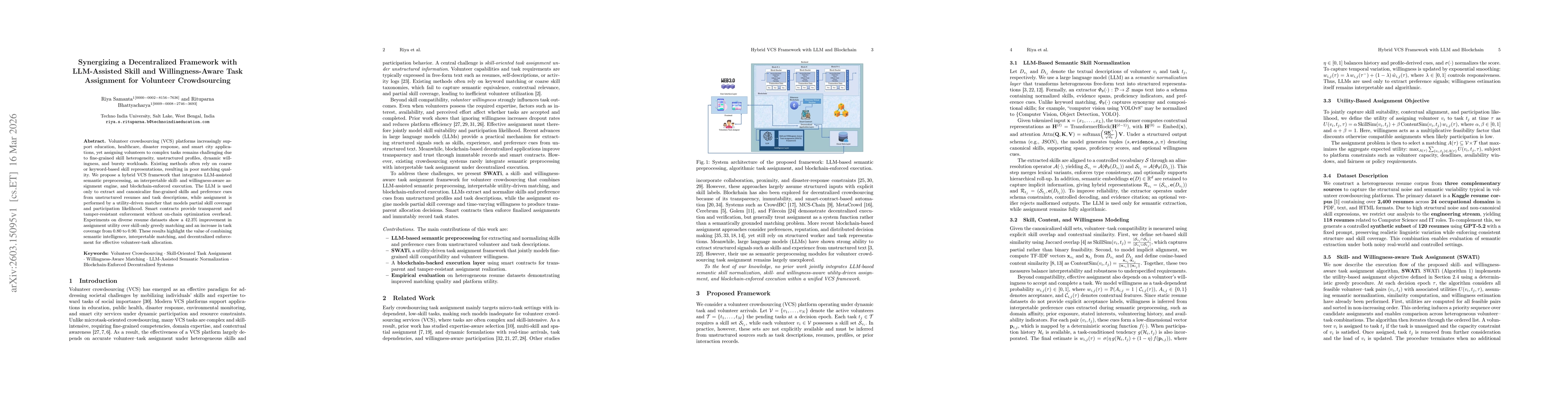 Thumbnail for Synergizing a Decentralized Framework with LLM-Assisted Skill and Willingness-Aware Task Assignment for Volunteer Crowdsourcing