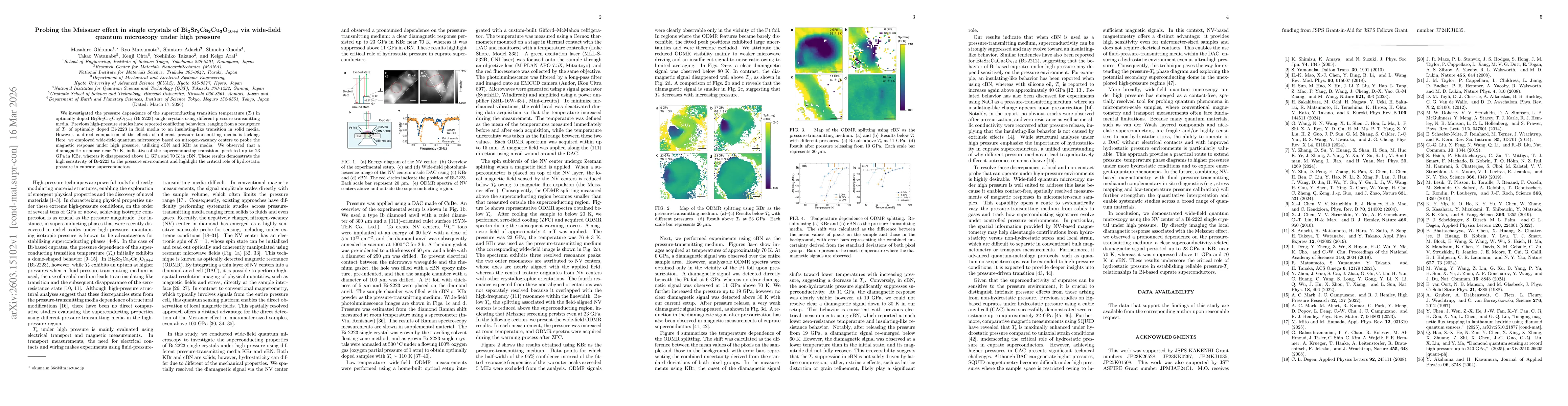 Thumbnail for Probing the Meissner effect in single crystals of $\mathbf{Bi_2Sr_2Ca_2Cu_3O_{10+δ}}$ via wide-field quantum microscopy under high pressure