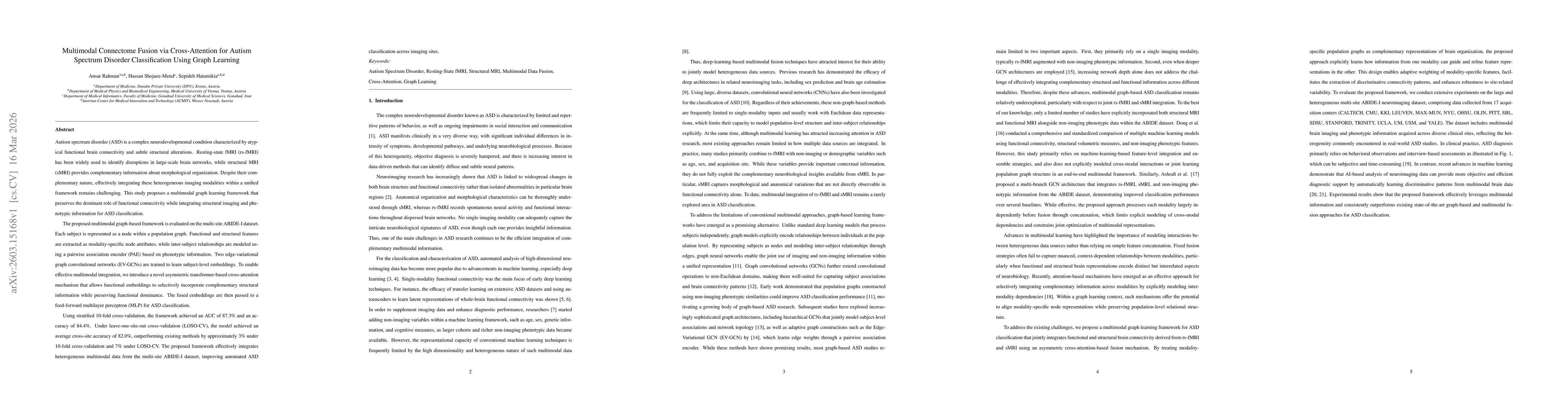 Thumbnail for Multimodal Connectome Fusion via Cross-Attention for Autism Spectrum Disorder Classification Using Graph Learning