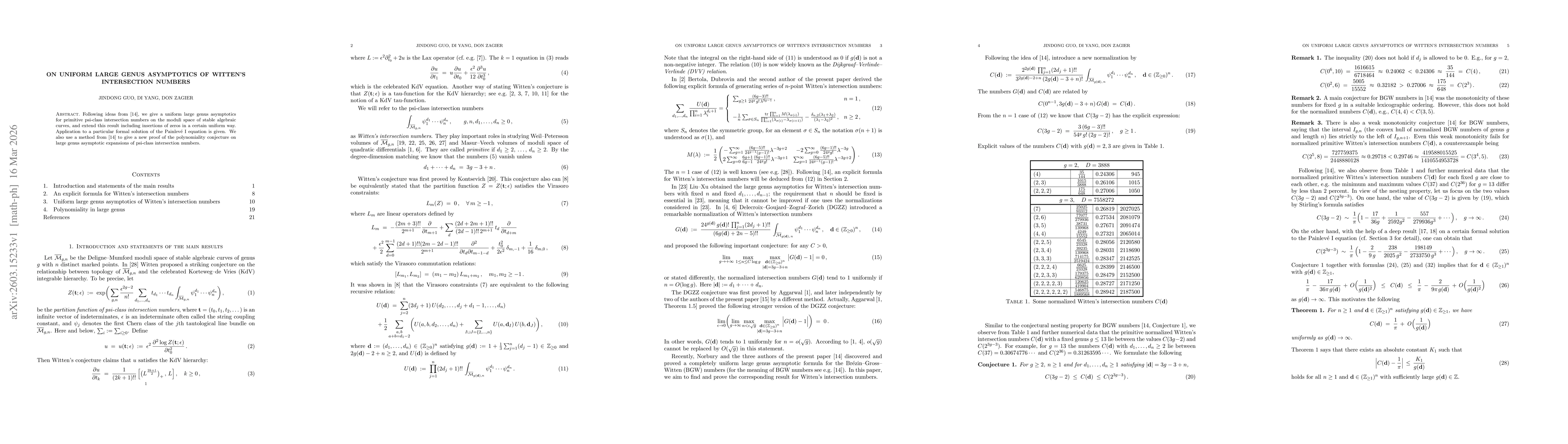 Thumbnail for On uniform large genus asymptotics of Witten's intersection numbers