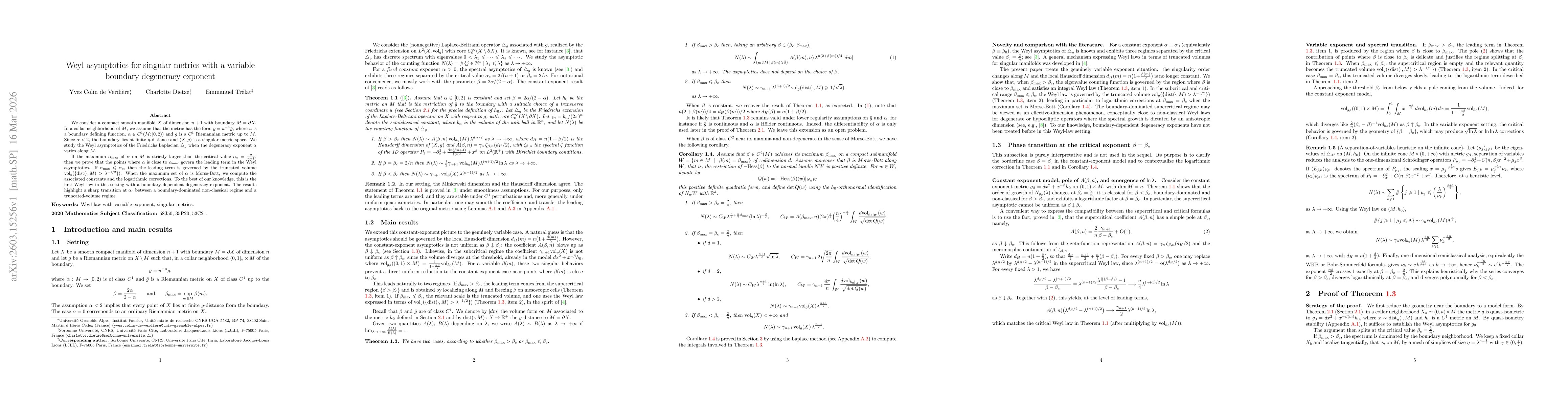 Thumbnail for Weyl asymptotics for singular metrics with a variable boundary degeneracy exponent