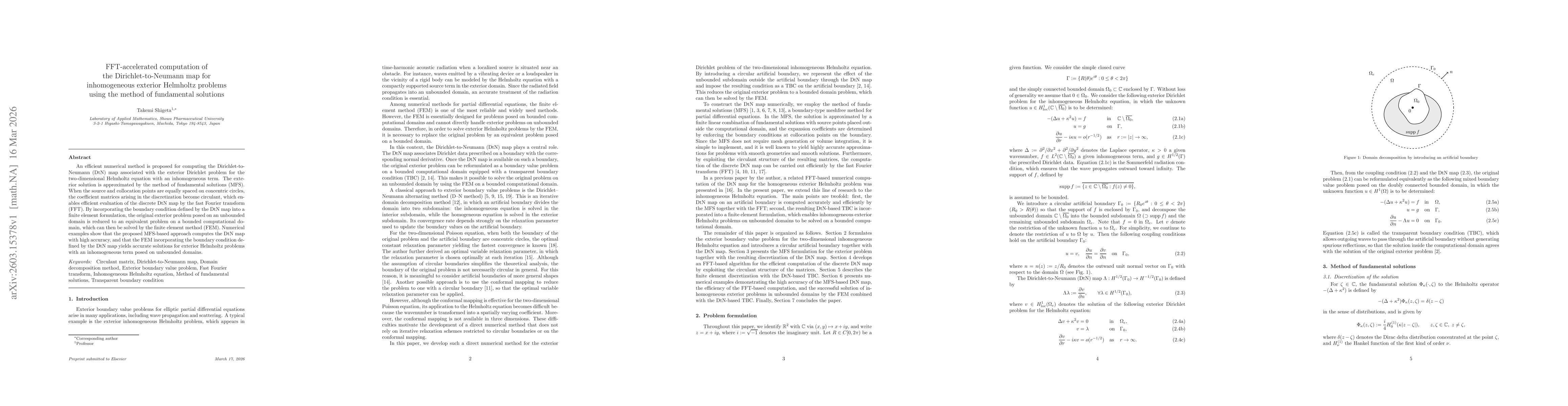 Thumbnail for FFT-accelerated computation of the Dirichlet-to-Neumann map for inhomogeneous exterior Helmholtz problems using the method of fundamental solutions