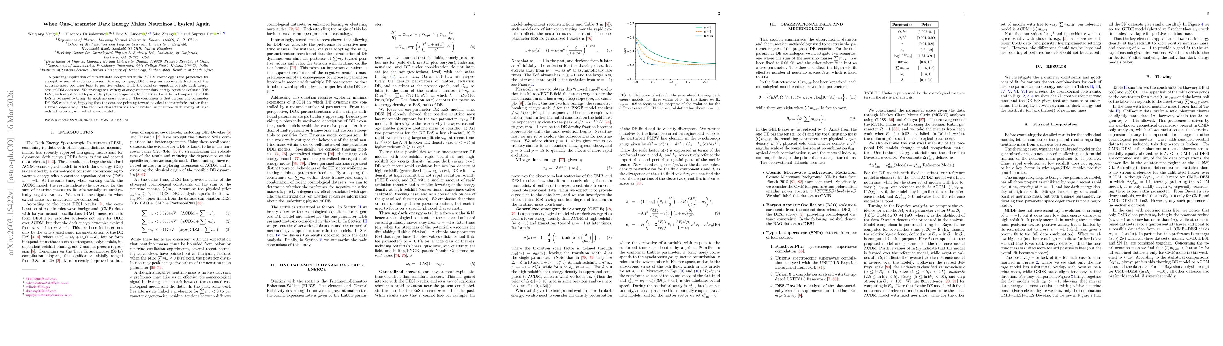 Thumbnail for When One-Parameter Dark Energy Makes Neutrinos Physical Again