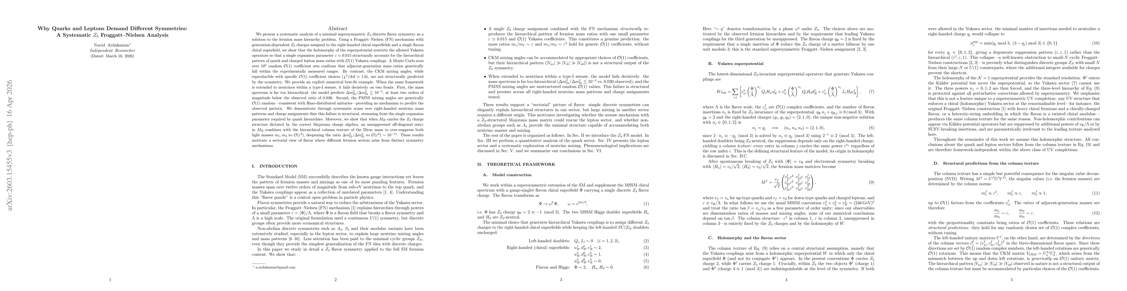 Thumbnail for Why Quarks and Leptons Demand Different Symmetries: A Systematic Z3 Froggatt-Nielsen Analysis