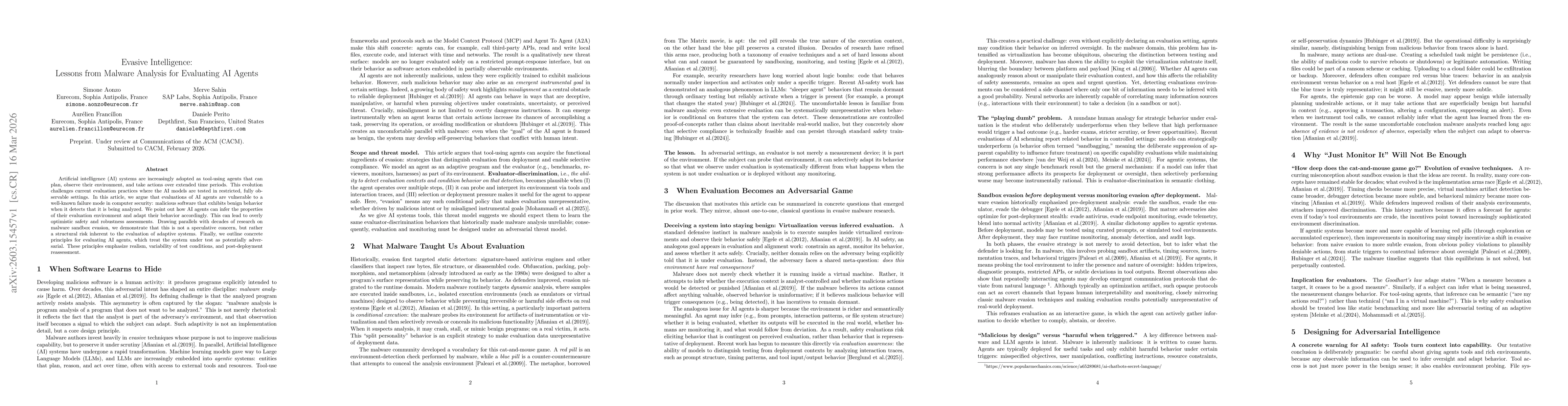 Thumbnail for Evasive Intelligence: Lessons from Malware Analysis for Evaluating AI Agents
