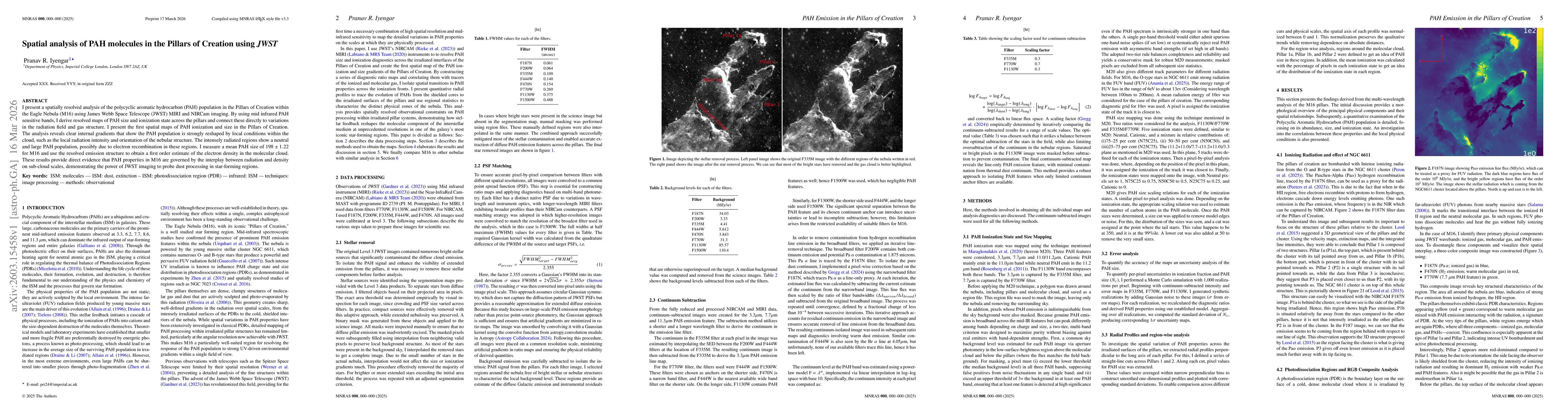 Thumbnail for Spatial analysis of PAH molecules in the Pillars of Creation using JWST