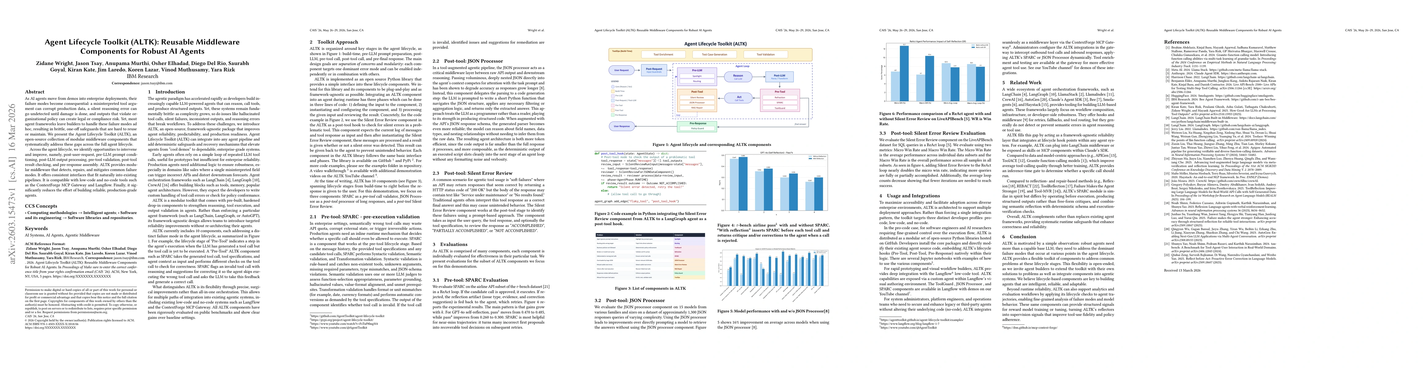 Thumbnail for Agent Lifecycle Toolkit (ALTK): Reusable Middleware Components for Robust AI Agents