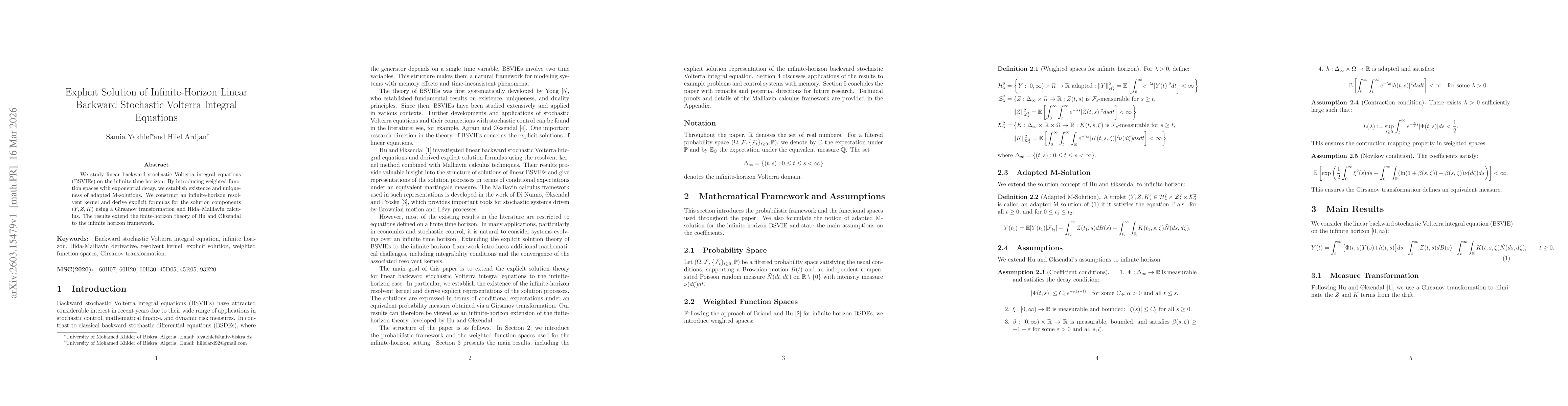 Thumbnail for Explicit Solution of Infinite-Horizon Linear Backward Stochastic Volterra Integral Equations