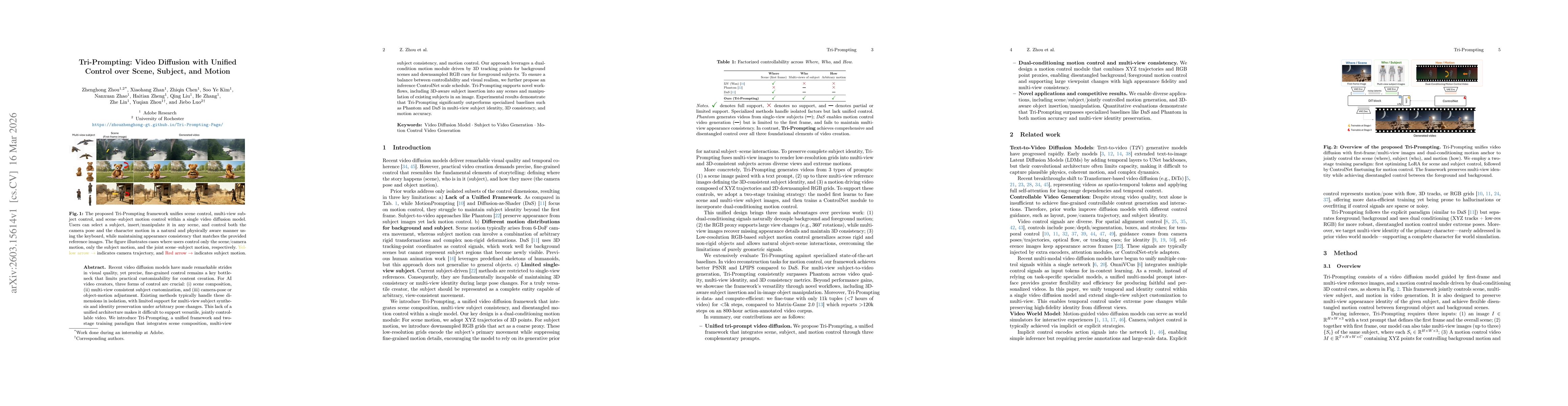Thumbnail for Tri-Prompting: Video Diffusion with Unified Control over Scene, Subject, and Motion