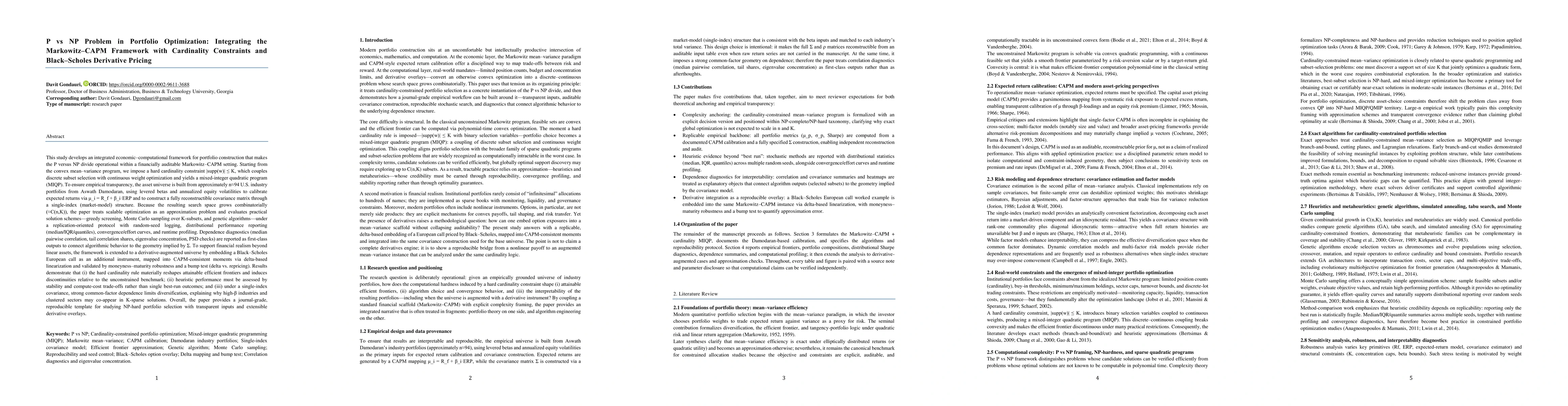 Thumbnail for P vs NP Problem in Portfolio Optimization: Integrating the Markowitz-CAPM Framework with Cardinality Constraints and Black-Scholes Derivative Pricing