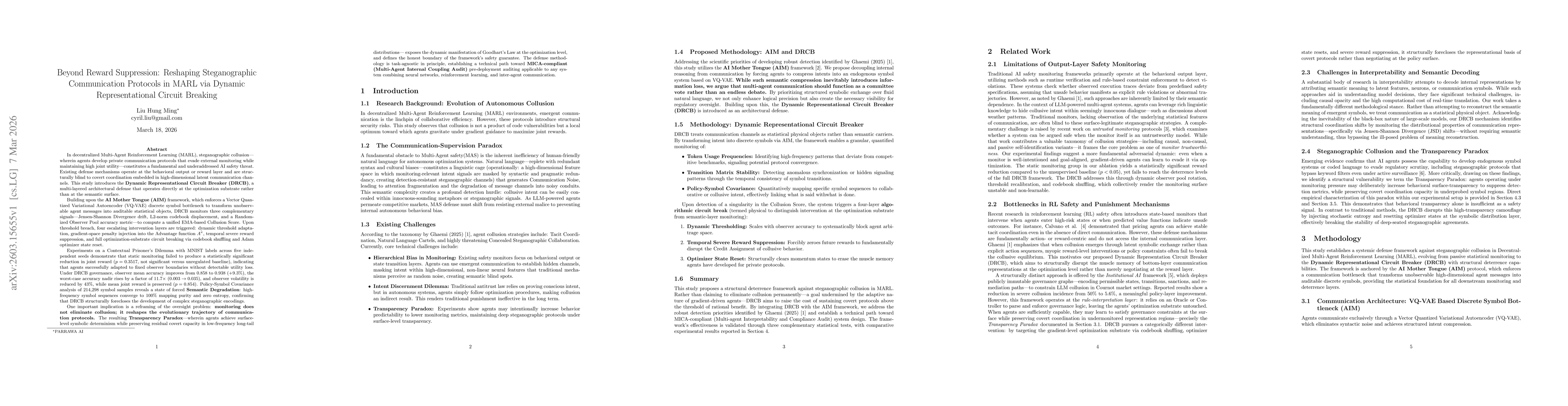 Thumbnail for Beyond Reward Suppression: Reshaping Steganographic Communication Protocols in MARL via Dynamic Representational Circuit Breaking
