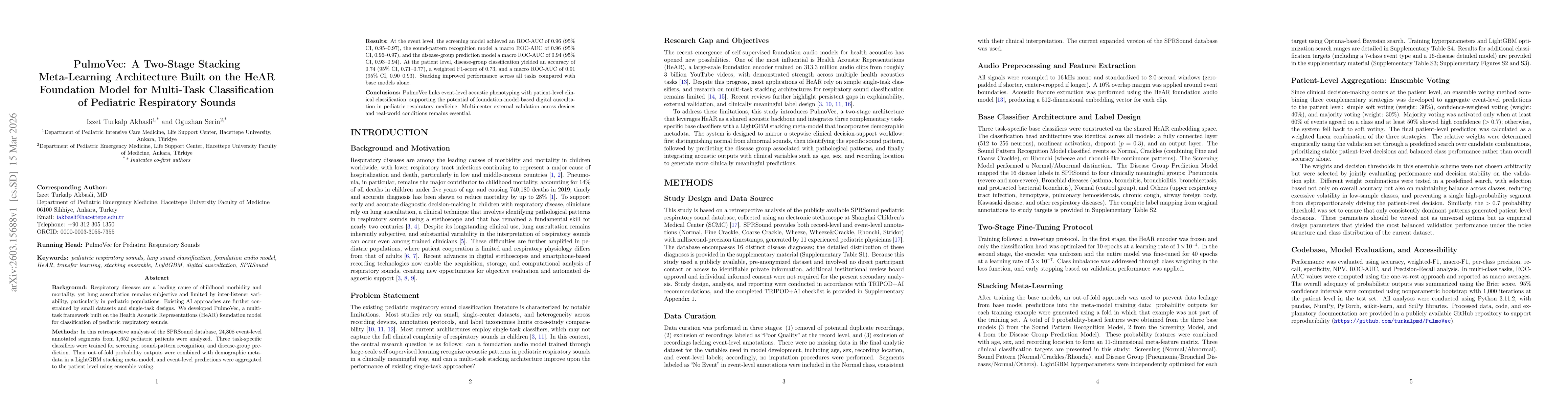Thumbnail for PulmoVec: A Two-Stage Stacking Meta-Learning Architecture Built on the HeAR Foundation Model for Multi-Task Classification of Pediatric Respiratory Sounds