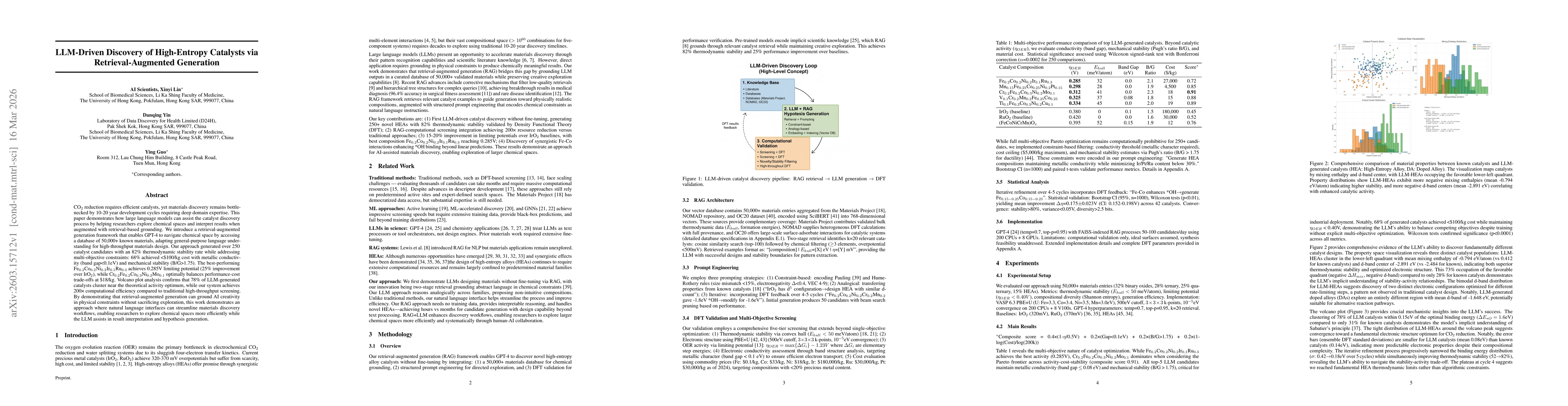 Thumbnail for LLM-Driven Discovery of High-Entropy Catalysts via Retrieval-Augmented Generation
